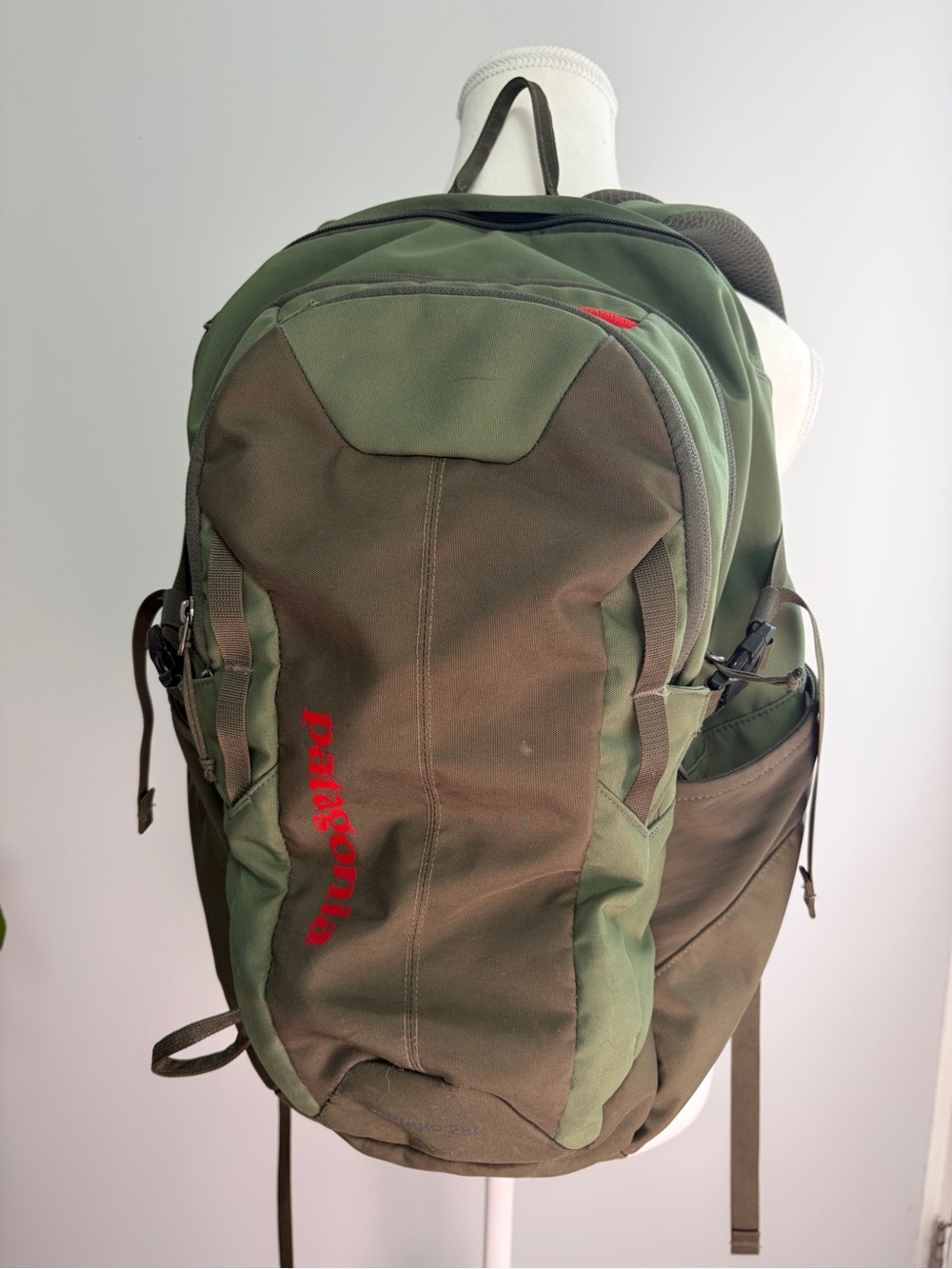 Patagonia Olive Green Backpack with Red Logo Accent